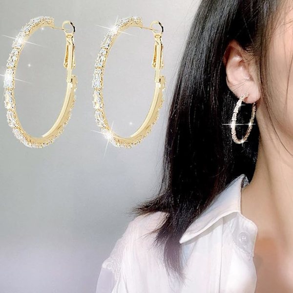 Stora Hoops Diamantrhinestone Örhängen Tunna Dangle Silver E