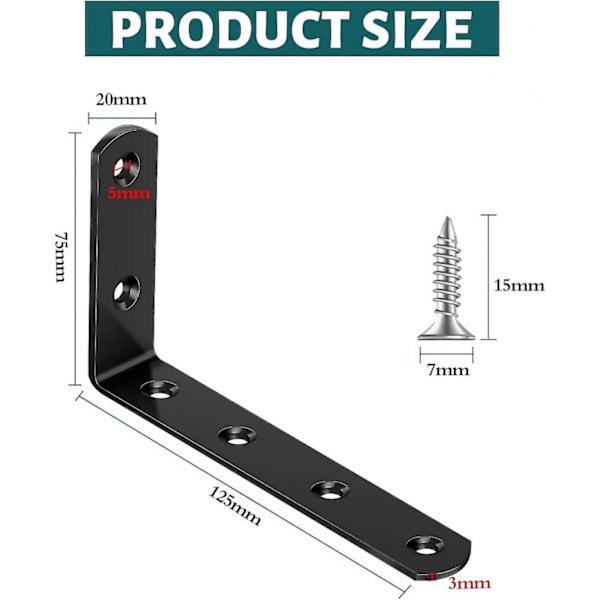 4 stk hyllebraketter 125 75mm, svart L-formet vegg hyllebraketter karbonstål