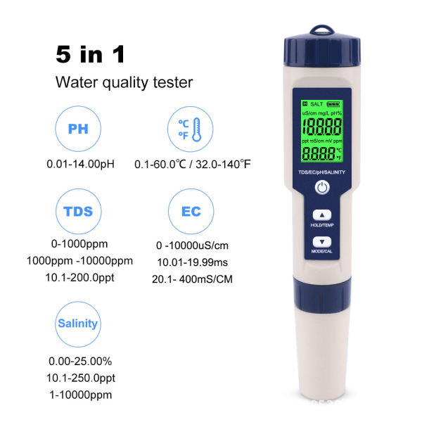 5 i 1 digital TDS/EC/PH/Salinitet/vannmåler for hy