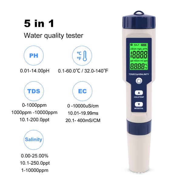 5 i 1 Digital TDS/EC/PH/Salinitet/Vattentemperatur Testare För Hy
