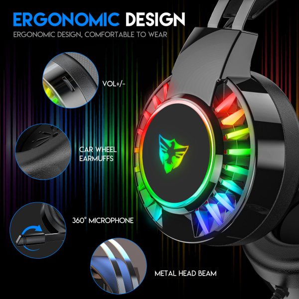 Gaming Headset med mikrofon for PS4 PS5 Xbox One PC, RGB Stereo Gamin