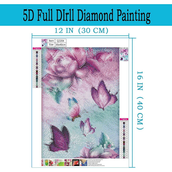 Diamantmålningssatser för vuxna, DIY 5D runda fullborrade fjärilsblommor diamantkonst, mycket lämplig för hobbyer i hemmet och väggdekoration (rosa fjäril)