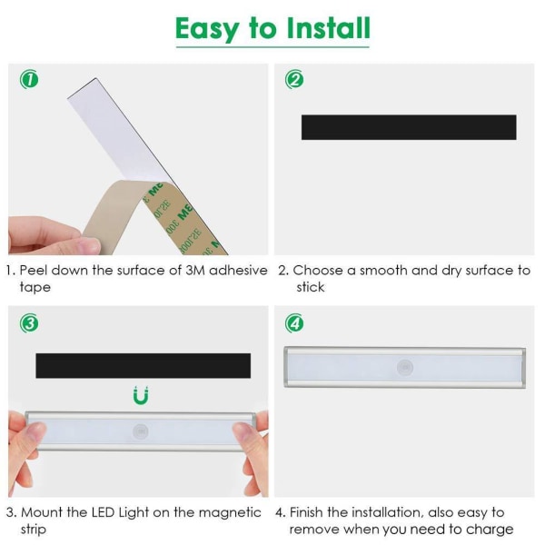 3-pack LED-skåpsbelysning, nyaste USB-laddningsbara 30 LED-rörelsesensor