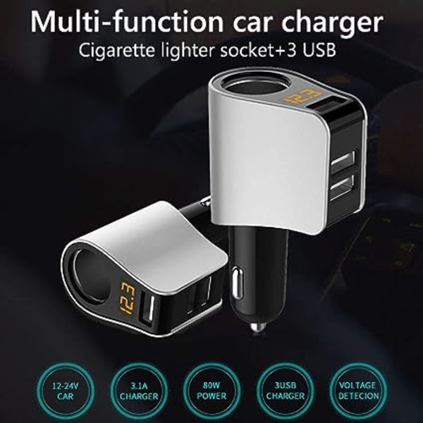 Ny Mini USB Multi-Lighter USB-laddare - 3 USB - 5V /3.6A - Voltmeterfunktion LED-display Batteri - Universell kompatibilitet (3usb) Silver