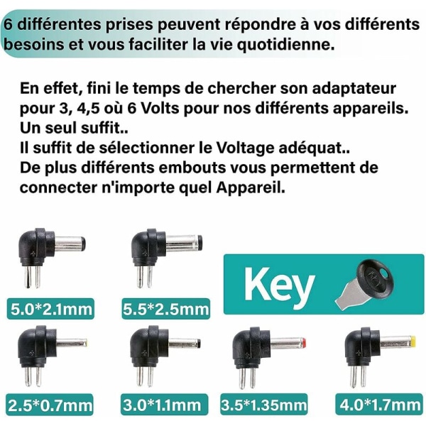 12W Universal Strømadapter 3V 4.5V 5V 6V 7.5V 9V og 12V,