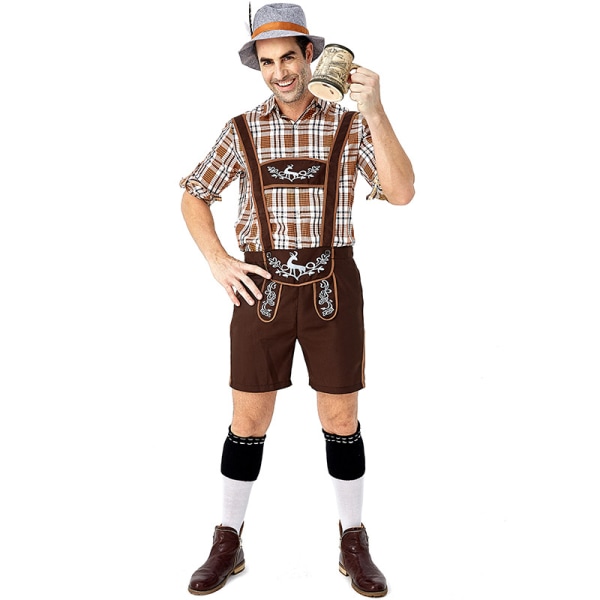 Traditionella ölfestivalkläder vuxna män tyska ölkläder hjort tryckt stor rutig khaki overall kostym M
