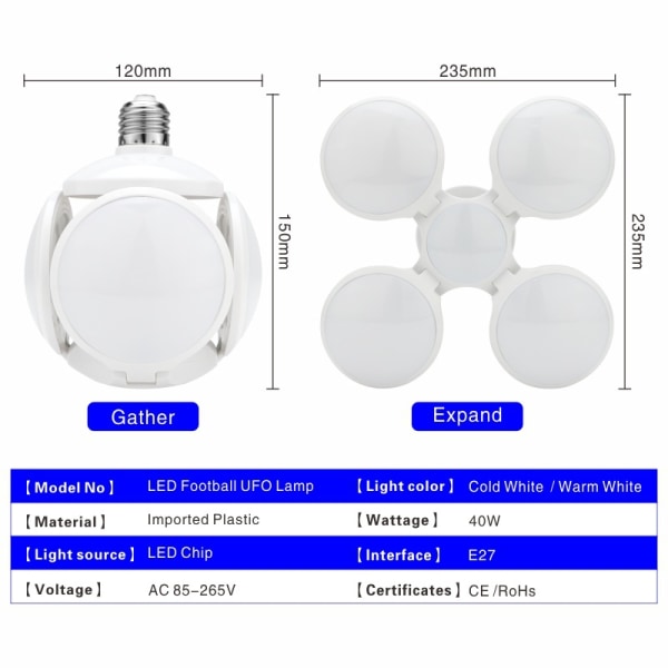 1 stk. Kald hvit 40W E27 LED-fotballys Deformerbar lampe Ingen strob