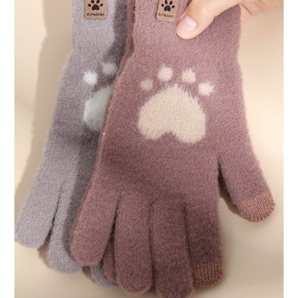 6 st dubbel touch screen katt tass kall-resistent varma handskar för kvinnor höst och vinter plysch förtjockad ull stickade handskar (Off-White+Bean Paste)
