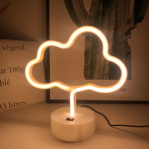 Molnformad neonlampa, varmt vitt ljus, blad, moln, neon med USB-bas/batterier