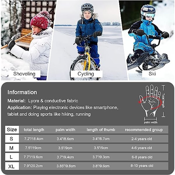 Barn vinter sport cykelhandskar, termisk fleecefoder vindtät vattentät halkfri pekskärm handskar, storlek L