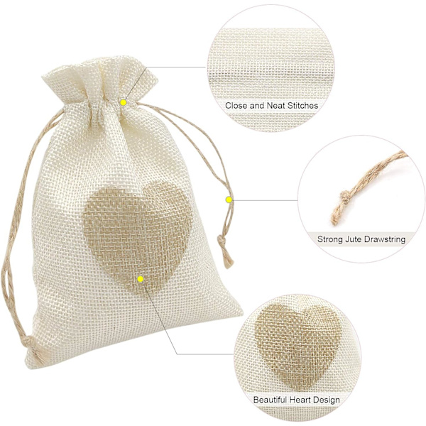 10 st hjärtformade presentpåsar i jute, små presentpåsar med dragsko i linne för bröllop, fest, jul (10 x 15 cm, beige)
