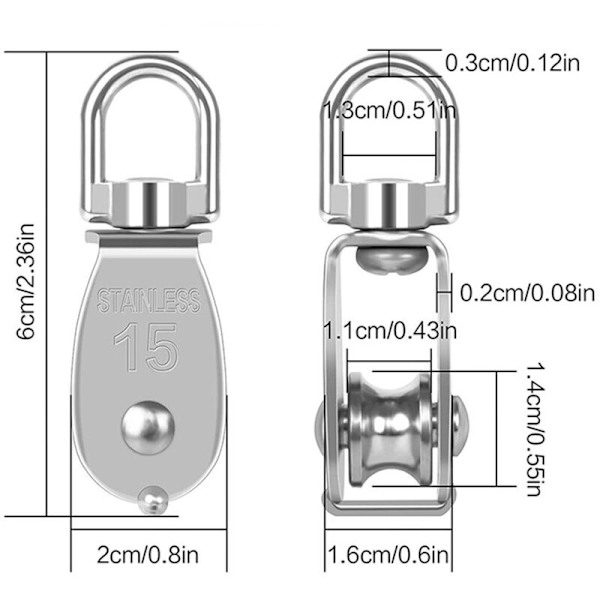 304 Rostfritt stål enkel remskiva, 15MM enkel remskiva block Rolle