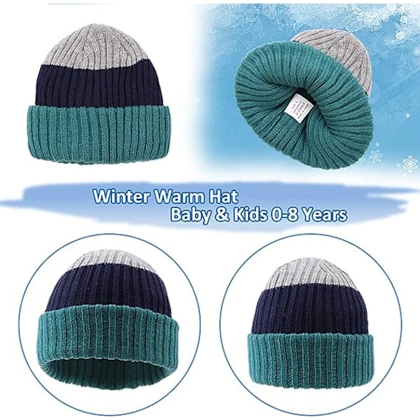Halsduk Set, Stickad Mössa för Baby Boy, Flickor, Toddler Stickad Vinterhattar, Barn Varma Mössor, Snöskallar, Pojkar, Flickor, 2-8 År - Haqing Marinblå Ljusgrå