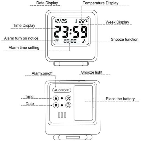 Mini sammenleggbar digital alarmklokke multifunksjonell bærbar LED-morgenalarmklokke med kalendertemperaturdato uke batteri ikke inkludert (hvit)