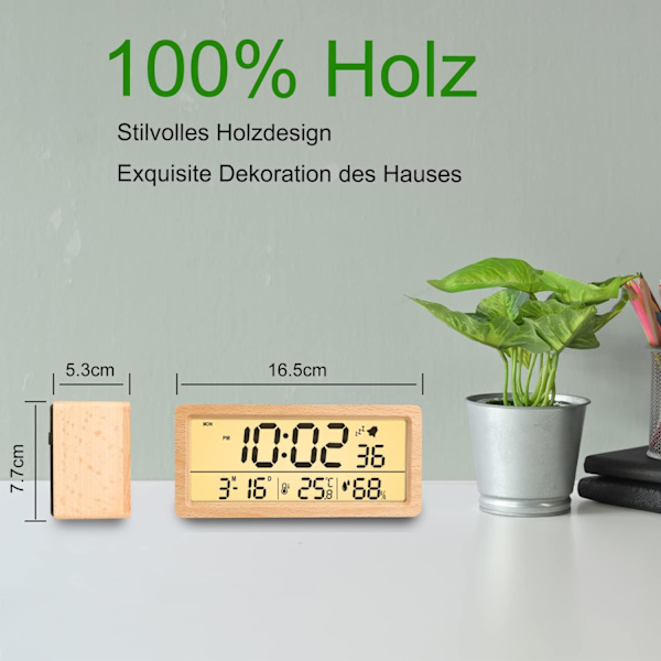 Trädigital väckarklocka, LED väckarklocka icke-tickande digital klocka, med datum, temperatur och fuktighetsvisning, snooze-funktion, ljusbrun