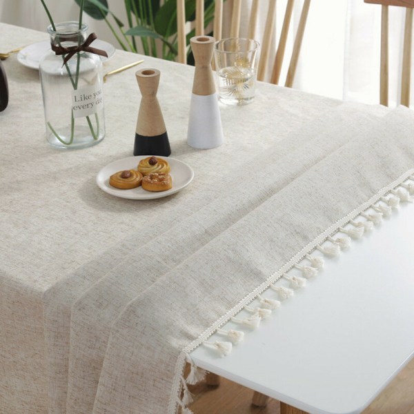 Rektangulär fläckbeständig duk tvättbar duk enfärgad tofs avlång duk bomull linneduk för kök matbord buffédekoration (beige, 140x180cm)