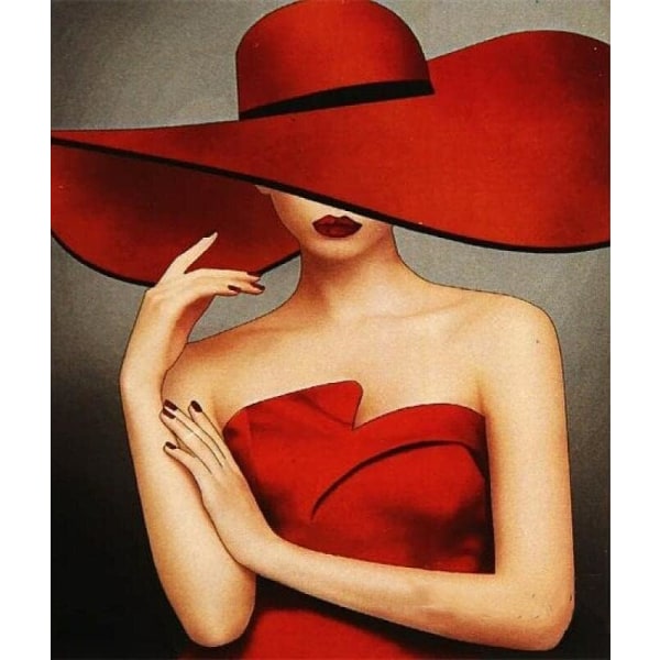5D diamond painting Röd hatt och klänning, rund diamantkonst för kvinnor F