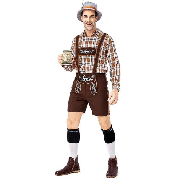 Traditionella ölfestivalkläder vuxna män tyska ölkläder hjort tryckt stor rutig khaki overall kostym M