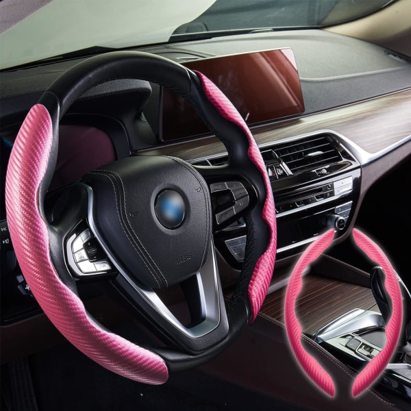 Deksel til ratt, karbonfiber rattgrep, trygt og sklisikkert bilaccessoar, varmt om vinteren og kjølig om sommeren, 99 % universell bilhjulbeskytter (rosa)