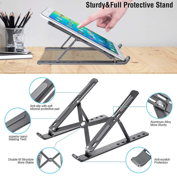 Laptopstativ, höjdjusterbart värmeavledande skrivbordsstativ, hopfällbar halkfri datorhållare svart