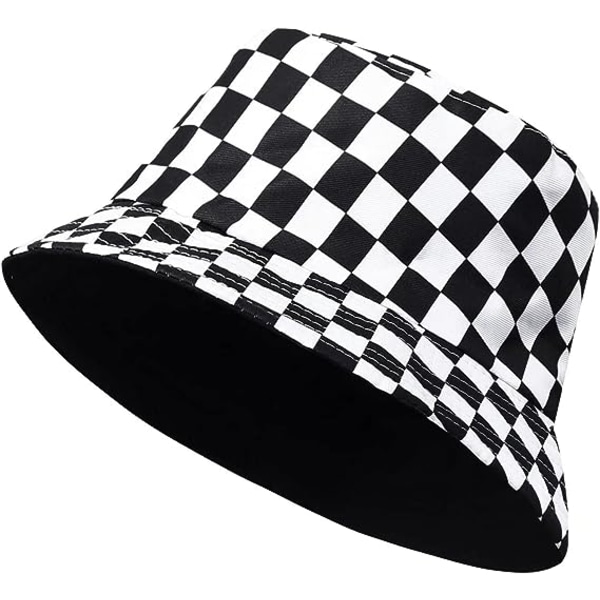 Spand Spande, Unisex Dobbeltsidet Print Reversible Fiskeri Cap Foldable Sommer Rejse Strand Solhat til Mænd Kvinder (Ternet Flag)