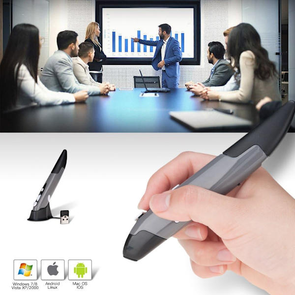 Trådlös optisk fickpenna mus, 2,4 GHz USB trådlös optisk penna mus 800/1200/1600 DPI justerbar handstil Mini Air Mouse Möss för PC Laptop Notebook Dator Mac (Grå)