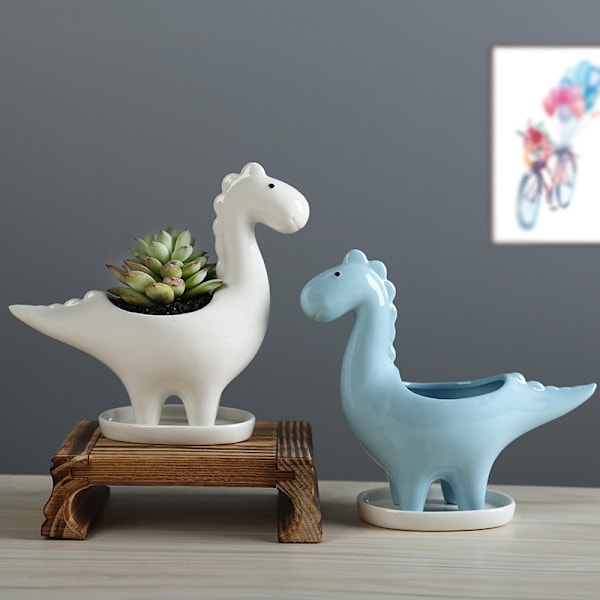 Keramisk suckulentkruka med fat, dinosaurieformad kaktusblomkruka, mini inomhusväxtkruka presentdekoration för hemmakontor bonsaiplanteringsbehållare