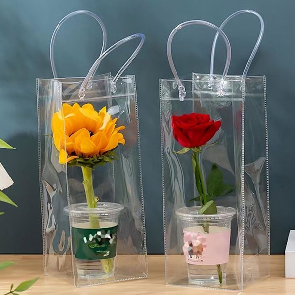 6 stk rektangulære gjennomsiktige PVC blomstergaveposer med håndtak Valentinsdag