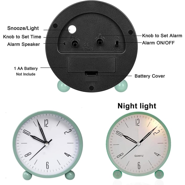 Stille rund alarmklokke, batteridrevet stille alarmklokker, stille form rund alarmklokke, ikke-tikkende nattbord, grønn