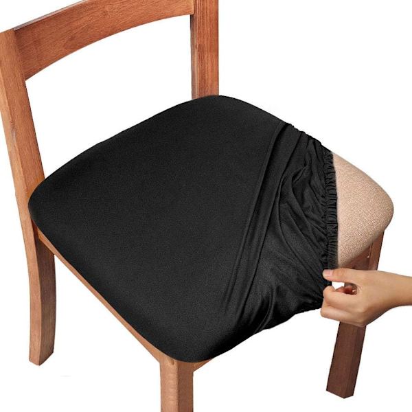 Stolsitsöverdrag, matstolsöverdrag med band, stretchiga enfärgade stolsöverdrag för matsal kök stolar (set om 4, svart)