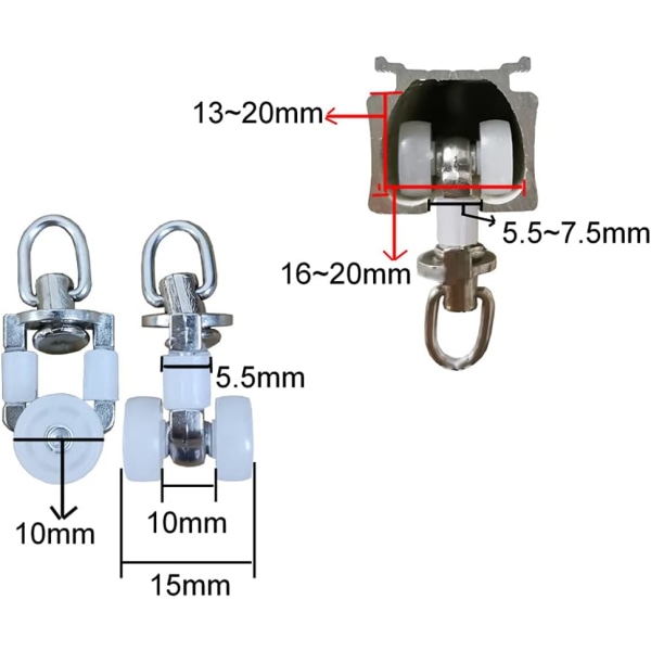 20 stk. roterende gardinskinner i legering med dobbelthjul i plast