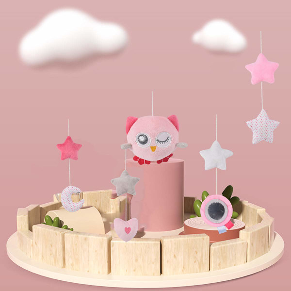Baby Musical Crib Mobile med hängande roterande plysch rosa uggla penna
