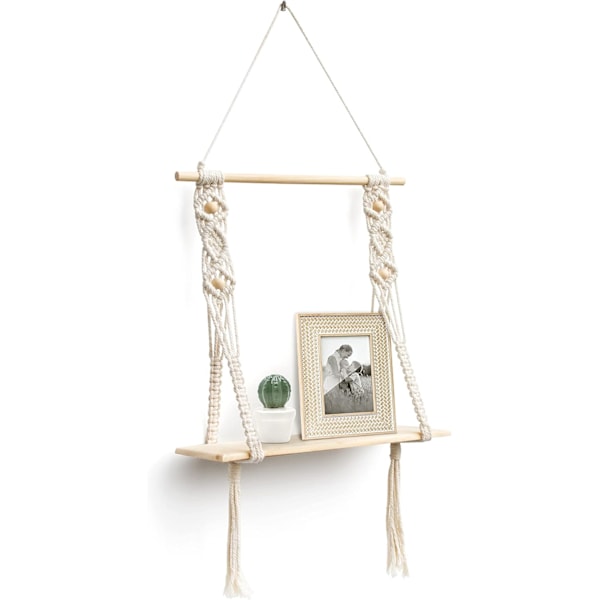 Macrame Vägghylla i Trä Bohemisk Deko Växter Enkel Frans Handvävd Säng