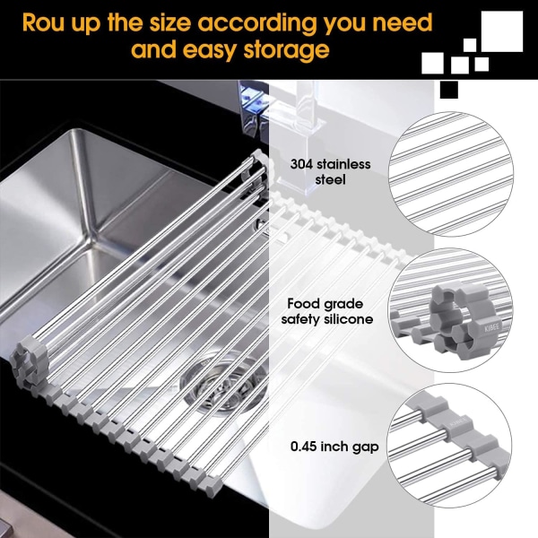 Rul over vask afløbsstativ i rustfrit stål til mange køkkenopgaver (grå, stor)