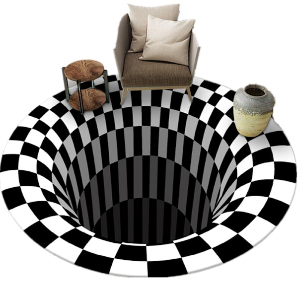 Svartvit rutat rund matta, 3D Vortex Illusion Carpet, 3D Vortex Rug Sovrum Vardagsrum, 80cm