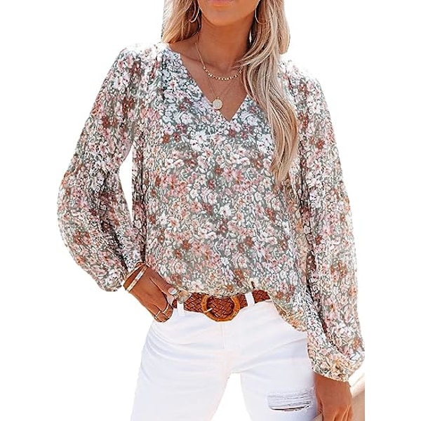 Dam Casual Boho Blommig Tryck V-hals Långärmad Lös Blusar