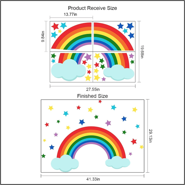 4 ark färgglada regnbåge och stjärnmoln väggdekaler, Peel och S