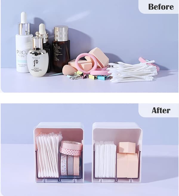 Set med 2 bomullspinnar med transparent flik, bomullsdispenser, dammtät låda, rosa, vit
