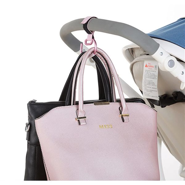 2-pack rosa barnvagnskrokar med kardborreband för shoppingväskor