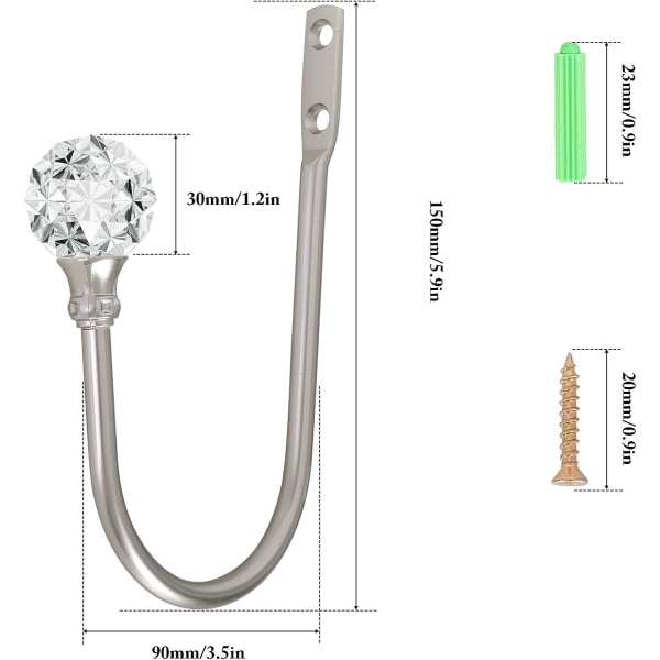 Verhokoukku, 2 kappaletta seinään kiinnitettävää verhonpidikettä kirkkaalla kristallipallolla, raskaan metalliset koristeelliset verhotangon pidikkeet ruuveilla, verhokoukku, hopea