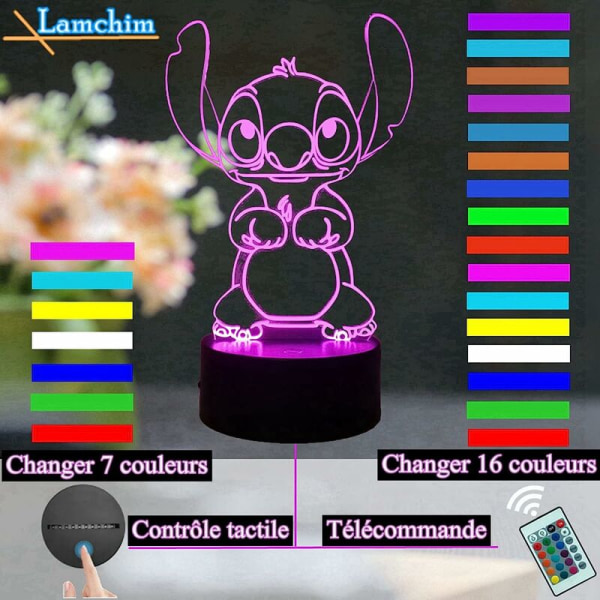 Stitch 3D-lampe Manga LED-nattlys, Stitch-senglampe nattlys 16 farger 3D-skrivebordslampe dekorasjon, USB-drevet berøringsfjernkontroll barnas nattlampe - MODOU