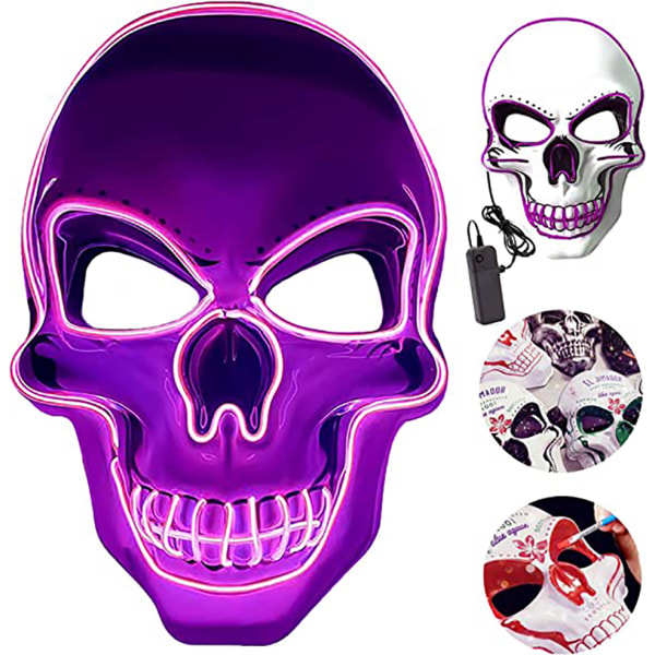 Halloween-masker, Purge-maske, LED-maske for Halloween, LED-skallemaske, DIY-skallemaling og 3 lysmoduser, for karnevalsfestkostymedekorasjon