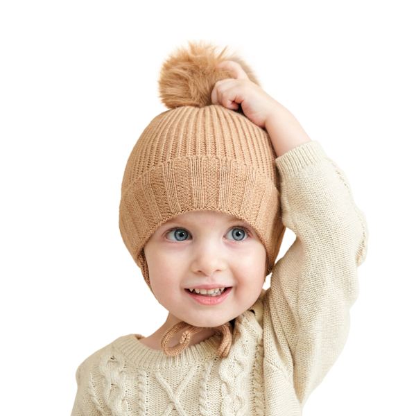 Barnmössa i stickad med justerbara flätade öronmuffar och varm fleece babyhatt (brun)