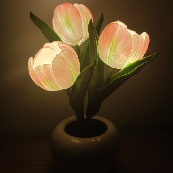 LED Tulpan Blomkruka Ljus Simulering Blomkruka Keramik Ljus Atmosfär Nattljus Dekorativ Prydnad (Rosa, 1 Pack)