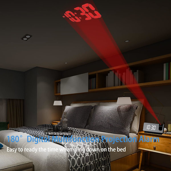 Digital projektionsväckarklocka för sovrum LED-väckarklocka för sovrum med USB-laddningsport, 12/24H, DST, snooze, spegel LED högljudd väckarklocka (svart)