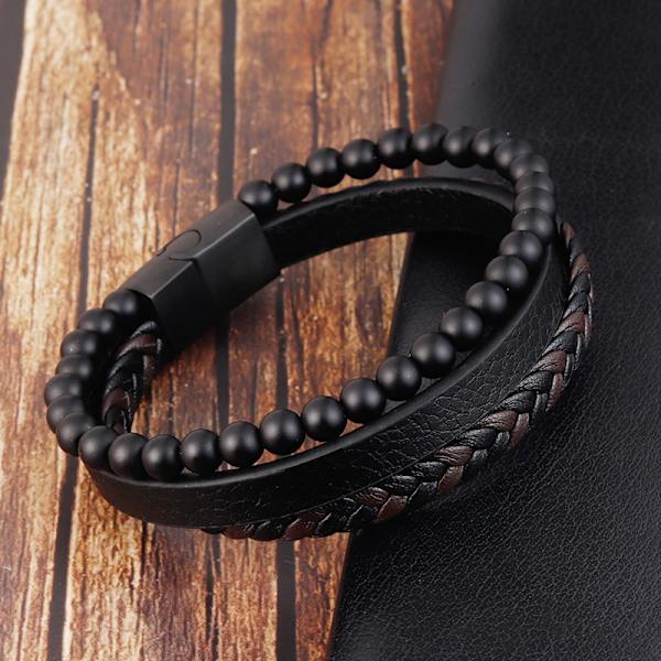 Natursten Vulkansten Läderarmband Rostfritt Stål Flätad Läder Multilager Armband Herr Titanstål Smycken