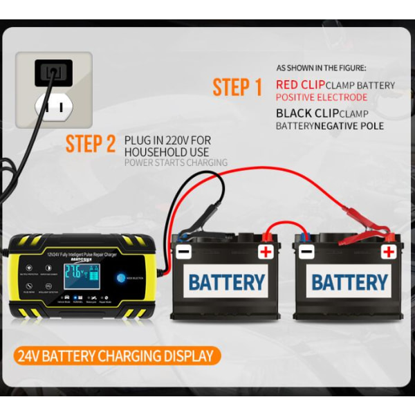 Bilbatterilader, 12V 8A, 24V 4A Bilbatterilader, Automatisk Smart Trickle-lader med LCD-berøringsskjerm for biler, motorsykler