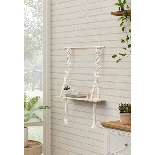 Macrame Vägghylla i Trä Bohemisk Deko Växter Enkel Frans Handvävd Säng
