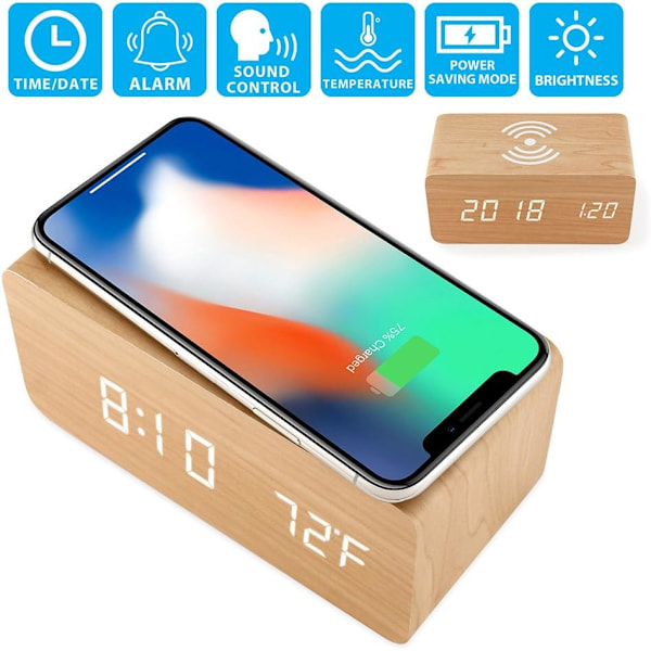 Träväckarklocka med Qi trådlös laddare kompatibel med iPhone Samsung Trä LED digital klocka Ljudstyrningsfunktion, Tid, Datum, Temperaturvisning för sovrum, kontor, hem - Trä