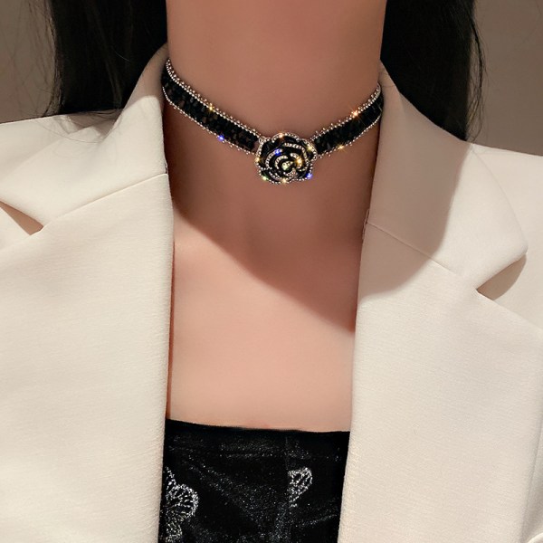 Temperament svart kristallrosa blomma halsband, modedesign sh